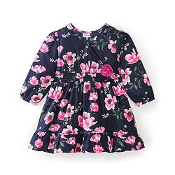 Babyhug Cotton Knit Full Sleeves Frock Floral Print - Navy