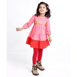 Babyhug 100% Cotton Knit Full Sleeves Frock with Legging Floral Embroidery - Coral