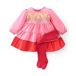 Babyhug 100% Cotton Knit Full Sleeves Frock with Legging Floral Embroidery - Coral