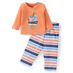 Babyhug Cotton Knit Full Sleeves Striped & Bear Printed Night Suit - Orange