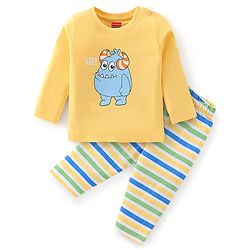 Babyhug Cotton Knit Full Sleeves Cartoon Printed Night Suit - Yellow