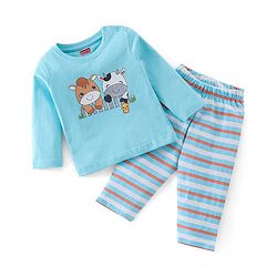 Babyhug Cotton Knit Full Sleeves Cow Printed Night Suit - Blue