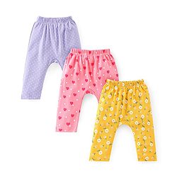Babyhug Cotton Full Length Diaper Pants Dotted & Floral Print Pack Of 3 - Pink Purple & Yellow