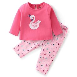 Babyhug Cotton Knit Full Sleeves Night Suit With Swan Print - Pink & Red