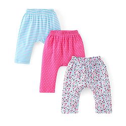 Babyhug Cotton Knit Full Length Diaper Pants Striped & Floral Print Pack Of 3 - Multicolour
