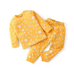 Babyhug Cotton Knit Full Sleeves Stars Printed Night Suit - Yellow