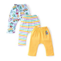 Babyhug Cotton Knit Full Length Diaper Pants Stripes & Dino Print Pack of 3 - Multicolour