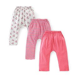Babyhug Cotton Interlock Knit Full Length Diaper Pants Stripes & Floral Print Pack of 3 - Pink & Grey