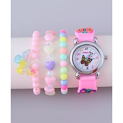 Babyhug Analog Watch with Bracelets & Butterfly Print- Multicolor