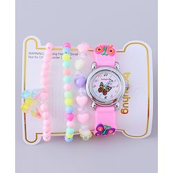 Babyhug Analog Watch with Bracelets & Butterfly Print- Multicolor