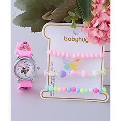 Babyhug Analog Watch with Bracelets & Butterfly Print- Multicolor