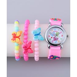 Babyhug Analog Watch with Bracelets & Butterfly Print - Multicolor