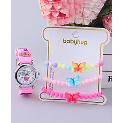 Babyhug Analog Watch with Bracelets & Butterfly Print - Multicolor