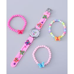 Babyhug Analog Watch with Bracelets & Butterfly Print - Multicolor