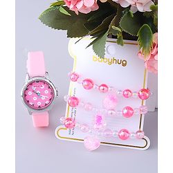 Babyhug Analog Watch with Bracelets & Floral Print- Pink