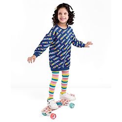 Babyhug 100% Cotton Knit Full Sleeves Winter Frock With Stockings Text Print - Navy Blue