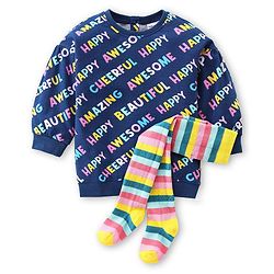 Babyhug 100% Cotton Knit Full Sleeves Winter Frock With Stockings Text Print - Navy Blue