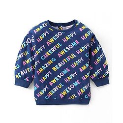 Babyhug 100% Cotton Knit Full Sleeves Winter Frock With Stockings Text Print - Navy Blue