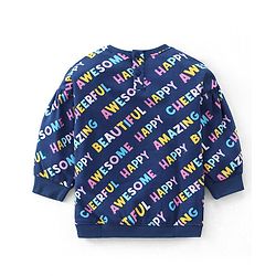 Babyhug 100% Cotton Knit Full Sleeves Winter Frock With Stockings Text Print - Navy Blue