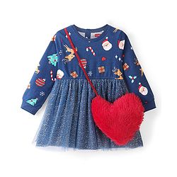 Babyhug 100% Cotton Full Sleeves Winter Frock Christmas Print with Heart Shape Hand Bag - Navy Blue