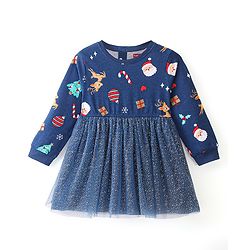 Babyhug 100% Cotton Full Sleeves Winter Frock Christmas Print with Heart Shape Hand Bag - Navy Blue