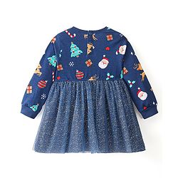Babyhug 100% Cotton Full Sleeves Winter Frock Christmas Print with Heart Shape Hand Bag - Navy Blue