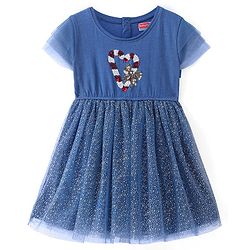 Babyhug Cotton Knit Half Sleeves Frock with Glitter Print & Sequin Detail - Navy Blue