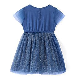 Babyhug Cotton Knit Half Sleeves Frock with Glitter Print & Sequin Detail - Navy Blue