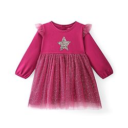 Babyhug 100% Cotton Full Sleeves Frock With Sequined Star & Glitter Print- Red