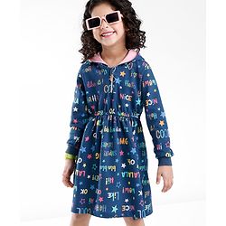 Babyhug 100% Cotton Knit Full Sleeves Hooded Frocks with Text Print - Navy Blue