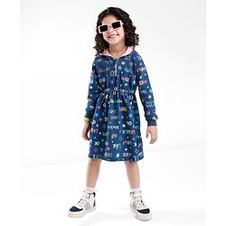 Babyhug 100% Cotton Knit Full Sleeves Hooded Frocks with Text Print - Navy Blue