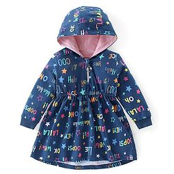 Babyhug 100% Cotton Knit Full Sleeves Hooded Frocks with Text Print - Navy Blue