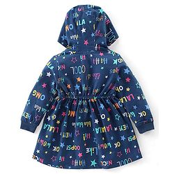 Babyhug 100% Cotton Knit Full Sleeves Hooded Frocks with Text Print - Navy Blue