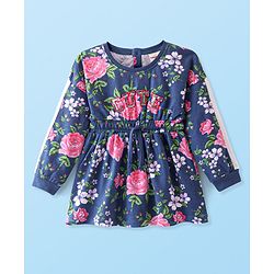 Babyhug 100% Cotton Knit Full Sleeves Winter Frock Floral Print- Blue