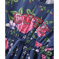 Babyhug 100% Cotton Knit Full Sleeves Winter Frock Floral Print- Blue
