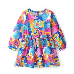 Babyhug 100% Cotton Knit Full Sleeves Winter Frock Abstract Print - Blue