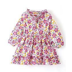 Babyhug 100% Cotton Knit Full Sleeves Frock With Floral Print - White & Purple