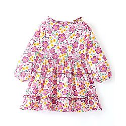 Babyhug 100% Cotton Knit Full Sleeves Frock With Floral Print - White & Purple