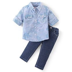 Babyhug Full Sleeves Jacquard Striped Shirt and Denim Jeans - Blue