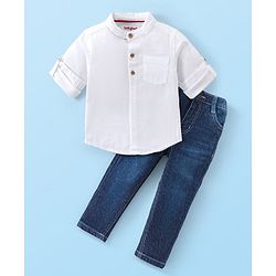 Babyhug 100% Cotton Slub Full Sleeves Shirt & Jeans With Solid Colour - White & Blue