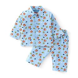Babyhug Cotton Knit Full Sleeves Night Suit with Bear Print - Blue