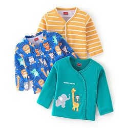Babyhug 100% Cotton Knit Full Sleeves Front Open Jhablas Elephant Print Pack of 3 - Teal Blue & Yellow
