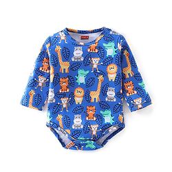 Babyhug 100% Cotton Knit Full Sleeves Wild Animal Print Onesie - Blue