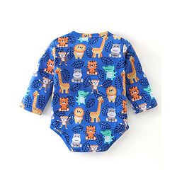 Babyhug 100% Cotton Knit Full Sleeves Wild Animal Print Onesie - Blue
