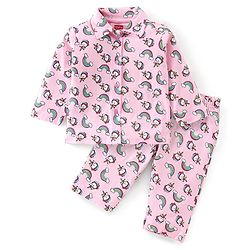 Babyhug Cotton Knit Full Sleeves Unicorn Printed Night Suit - Pink