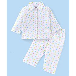 Babyhug Cotton Knit Full Sleeves Night Suit With Heart Print - White