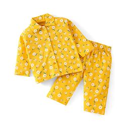 Babyhug Cotton Knit Full Sleeves Floral Printed Night Suit - Yellow