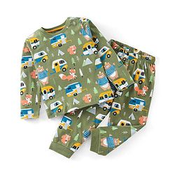 Babyhug Cotton Knit Full Sleeves Camper & Bear Printed Night Suit - Green