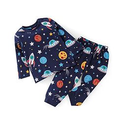 Babyhug Cotton Single Jersey Knit Full Sleeves Night Suit Space Print - Navy Blue