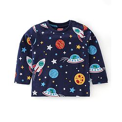Babyhug Cotton Single Jersey Knit Full Sleeves Night Suit Space Print - Navy Blue